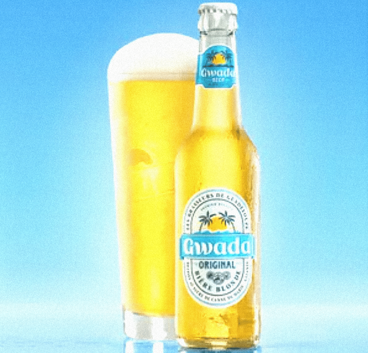 image d'une bière gwada et d'un verre rempli avec une belle mousse généreuse sur le dessus, le tout sur un fond bleu ciel